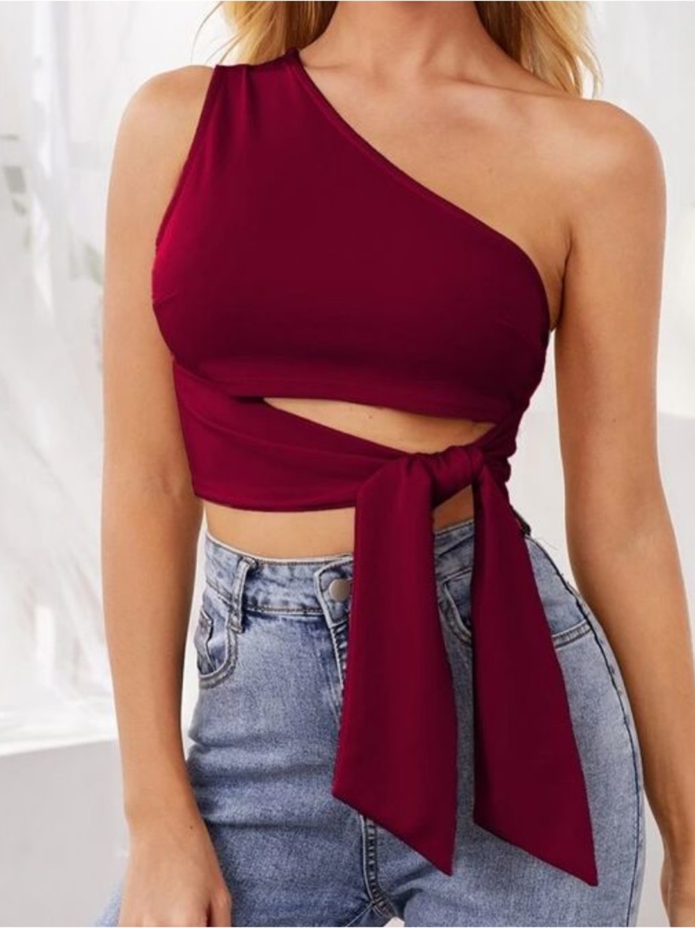 Blue Blush One-Shoulder Tie Detail Top in Burgundy